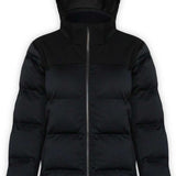 Boulder Gear Ladies Tai Insulated Jacket 2022-2023 - A black down-filled puffer jacket with a hood, featuring a zipper closure and two zippered pockets on the front.