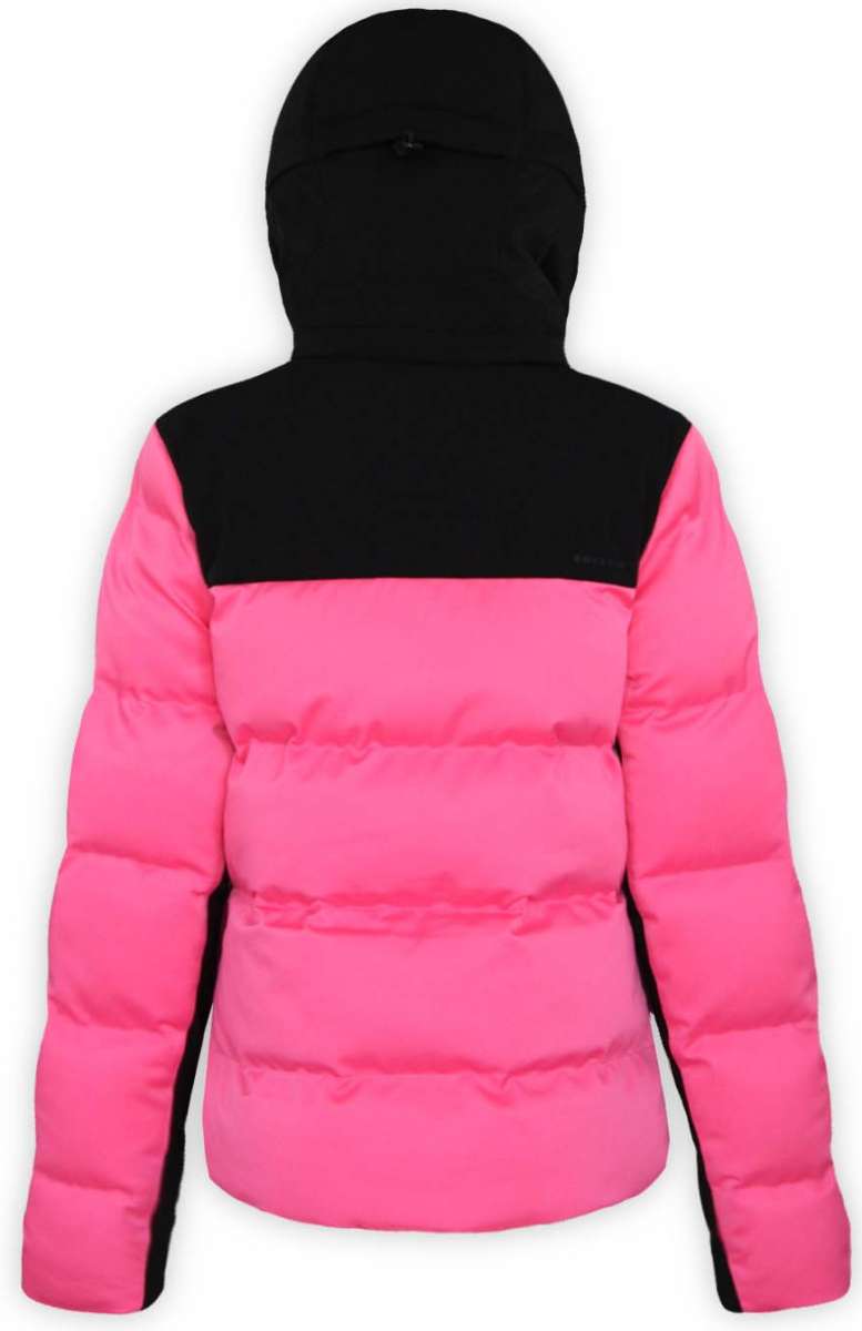 Boulder Gear Ladies Tai Insulated Jacket 2022-2023 - A bright pink and black insulated jacket with a hood, featuring a zippered front and two side pockets.