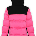 Boulder Gear Ladies Tai Insulated Jacket 2022-2023 - A bright pink and black insulated jacket with a hood, featuring a zippered front and two side pockets.