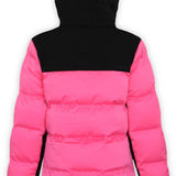 Boulder Gear Ladies Tai Insulated Jacket 2022-2023 - A bright pink and black insulated jacket with a hood, featuring a zippered front and two side pockets.