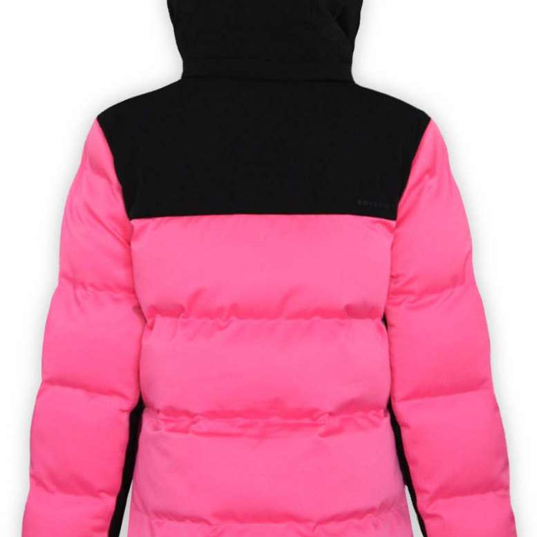 Boulder Gear Ladies Tai Insulated Jacket 2022-2023 - A bright pink and black insulated jacket with a hood, featuring a zippered front and two side pockets.