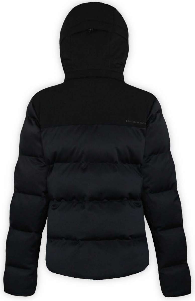 Boulder Gear Ladies Tai Insulated Jacket 2022-2023 - A black down-filled puffer jacket with a hood, featuring a zippered front and two side pockets.