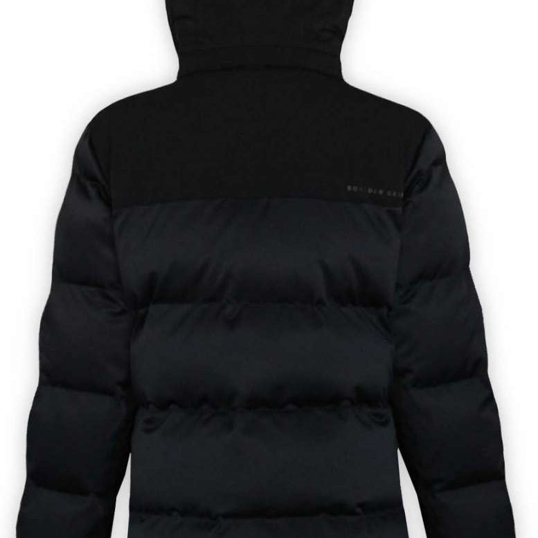 Boulder Gear Ladies Tai Insulated Jacket 2022-2023 - A black down-filled puffer jacket with a hood, featuring a zippered front and two side pockets.