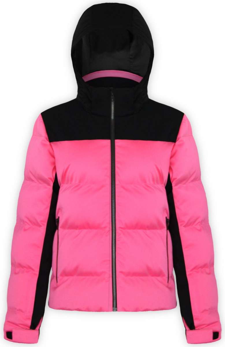 Boulder Gear Ladies Tai Insulated Jacket 2022-2023 - A black and pink jacket with a hood, featuring a zippered front and two side pockets. The jacket has a solid color design with no visible patterns or textures.