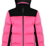 Boulder Gear Ladies Tai Insulated Jacket 2022-2023 - A black and pink jacket with a hood, featuring a zippered front and two side pockets. The jacket has a solid color design with no visible patterns or textures.