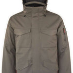 Boulder Gear Teton Insulated Jacket 2022-2023 - A tan jacket with a high collar and zippered chest pockets, featuring two front flap pockets and adjustable cuffs.