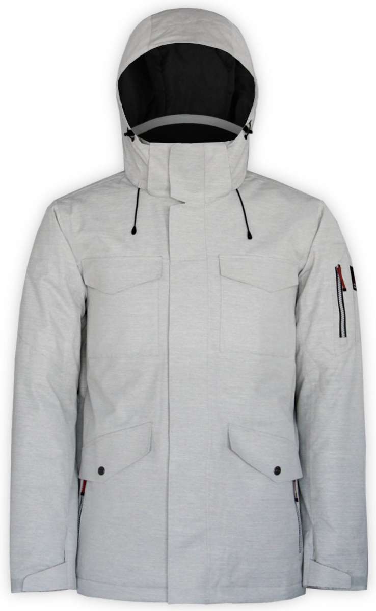 Boulder Gear Teton Insulated Jacket 2022-2023 - A light gray jacket with a hood, featuring two chest pockets and one zippered pocket on the left arm.