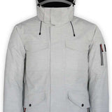 Boulder Gear Teton Insulated Jacket 2022-2023 - A light gray jacket with a hood, featuring two chest pockets and one zippered pocket on the left arm.