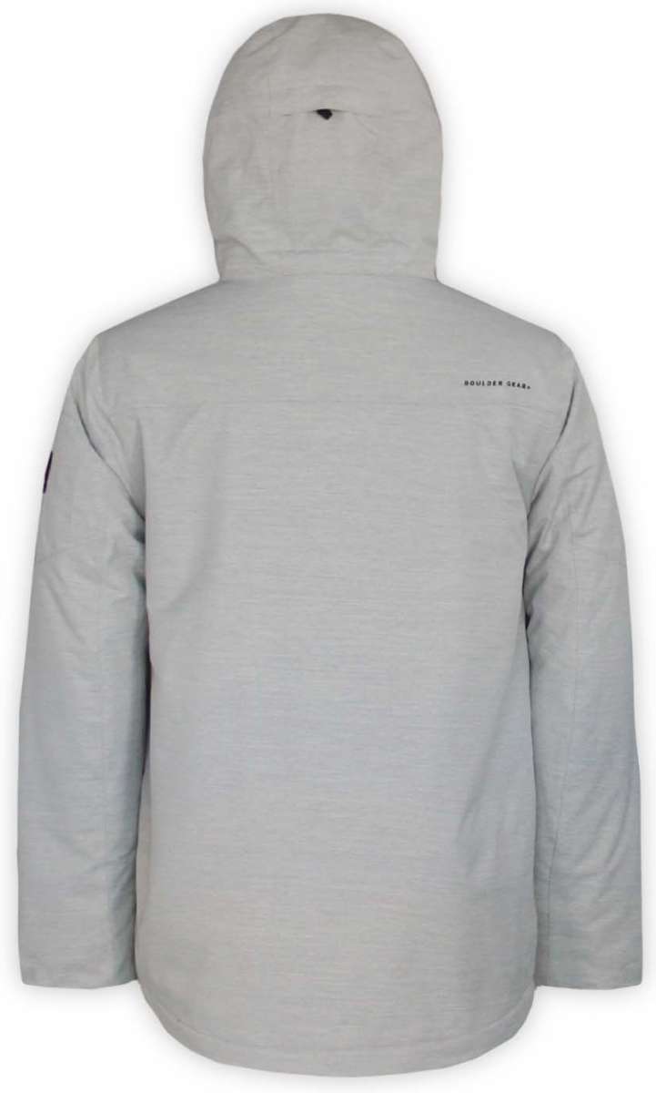 Boulder Gear Teton Insulated Jacket 2022-2023 - A light gray jacket with a hood, featuring black hardware and a small logo on the left chest.
