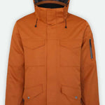 Boulder Gear Teton Insulated Jacket 2024 - A burnt orange jacket with a high collar and zippered pockets, featuring a black zipper pull on one pocket.