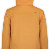 Boulder Gear Teton Insulated Jacket 2024 - A tan-colored jacket with a hood, featuring black zippers and a small logo on the upper left chest area.