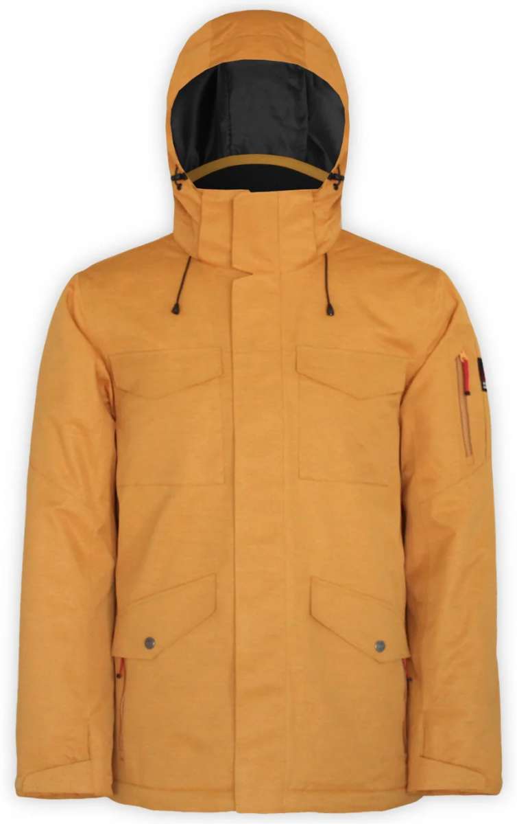 Boulder Gear Teton Insulated Jacket 2024 - A tan-colored jacket with a hood, featuring two chest pockets and one zippered pocket on the left arm.