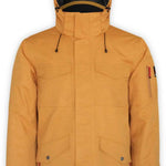 Boulder Gear Teton Insulated Jacket 2024 - A tan-colored jacket with a hood, featuring two chest pockets and one zippered pocket on the left arm.