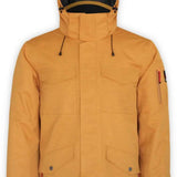 Boulder Gear Teton Insulated Jacket 2024 - A tan-colored jacket with a hood, featuring two chest pockets and one zippered pocket on the left arm.