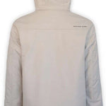 Boulder Gear Teton Insulated Jacket 2024 - A cream-colored jacket with a hood, featuring black hardware and a zippered chest pocket.