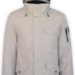 Boulder Gear Teton Insulated Jacket 2024 - A cream-colored jacket with a black zipper and two zippered pockets on the front.