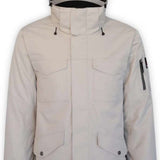 Boulder Gear Teton Insulated Jacket 2024 - A cream-colored jacket with a black zipper and two zippered pockets on the front.