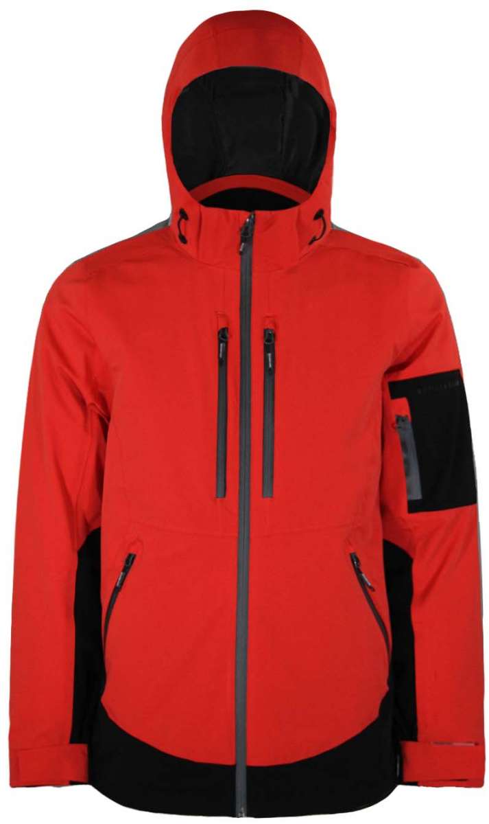 Boulder Gear Volt Tech Insulated Jacket 2022-2023 - A red jacket with black accents and a hood, featuring two zippered pockets on the front.