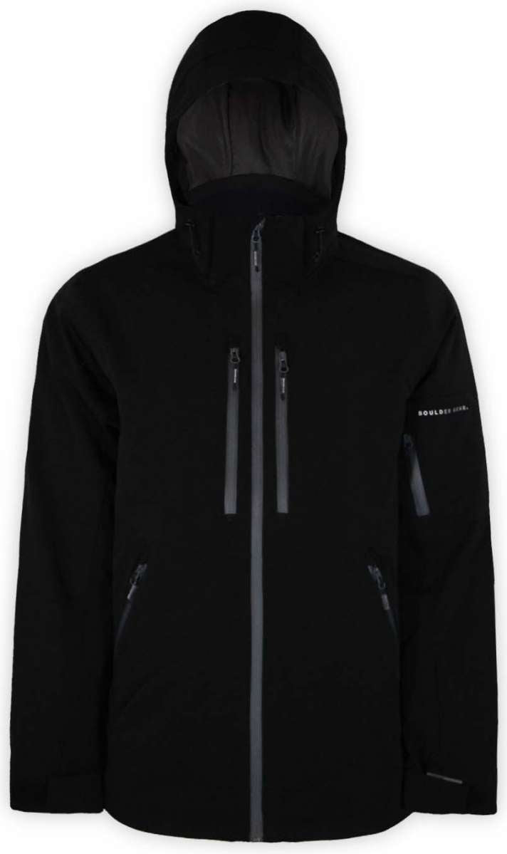 Boulder Gear Volt Tech Insulated Jacket 2022-2023 - A black jacket with a hood, featuring two zippered pockets on either side and a central zipper down the front.