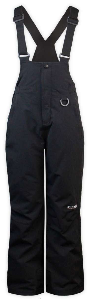 Boulder Gear Youth Pinnacle Insulated Bib 2022-2023 - Black bib-style snow pants with adjustable straps and silver buckles, featuring a subtle white logo on the left thigh.
