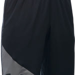 Under Armour Boy's Prototype Tech8482 Shorts - Black shorts with a diagonal stripe pattern on the left leg, featuring a small logo near the hem.