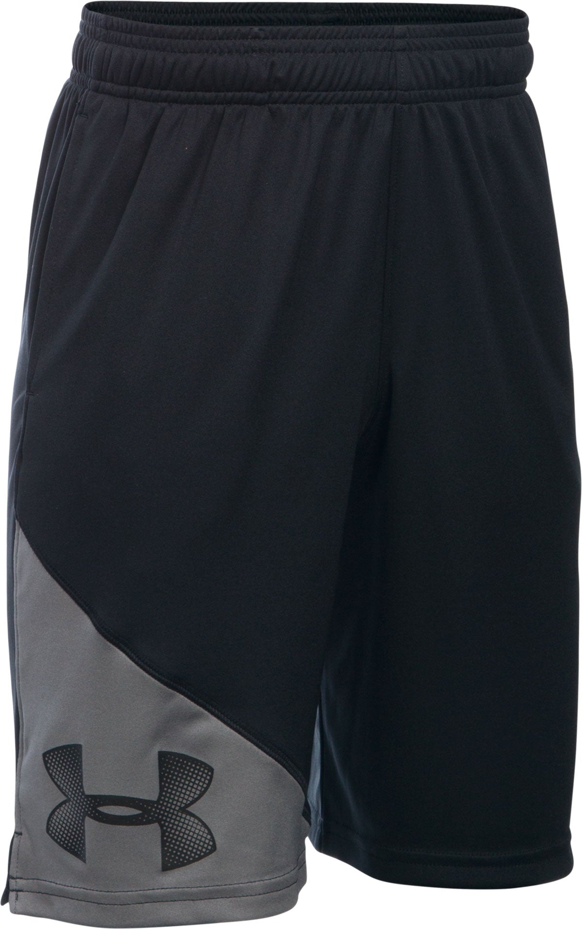 Under Armour Boy's Prototype Tech8482 Shorts - Black shorts with a diagonal stripe pattern on the left leg, featuring a small logo near the hem.