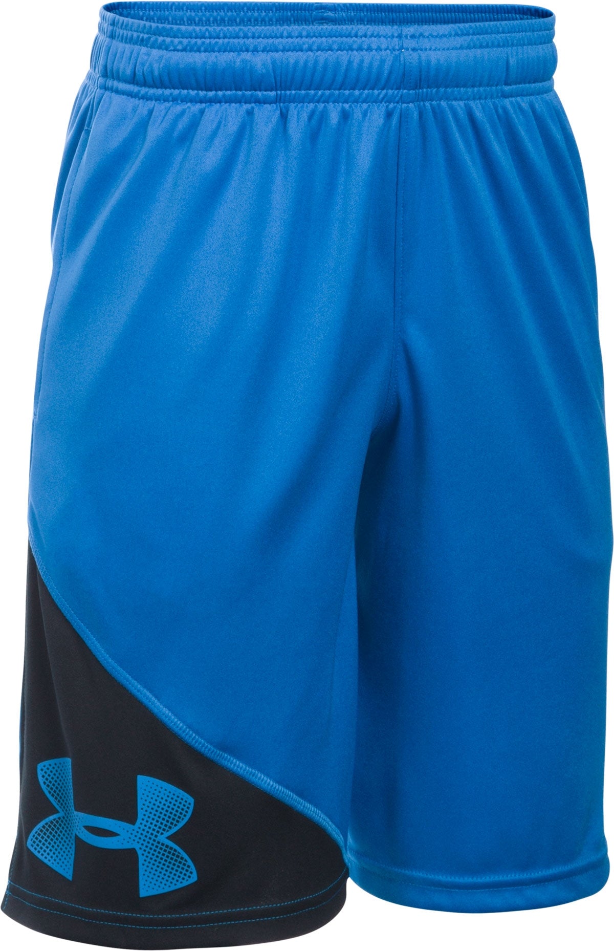 Under Armour Boy's Prototype Tech8482 Shorts - These shorts are black with a blue logo on the left leg and have an elastic waistband.