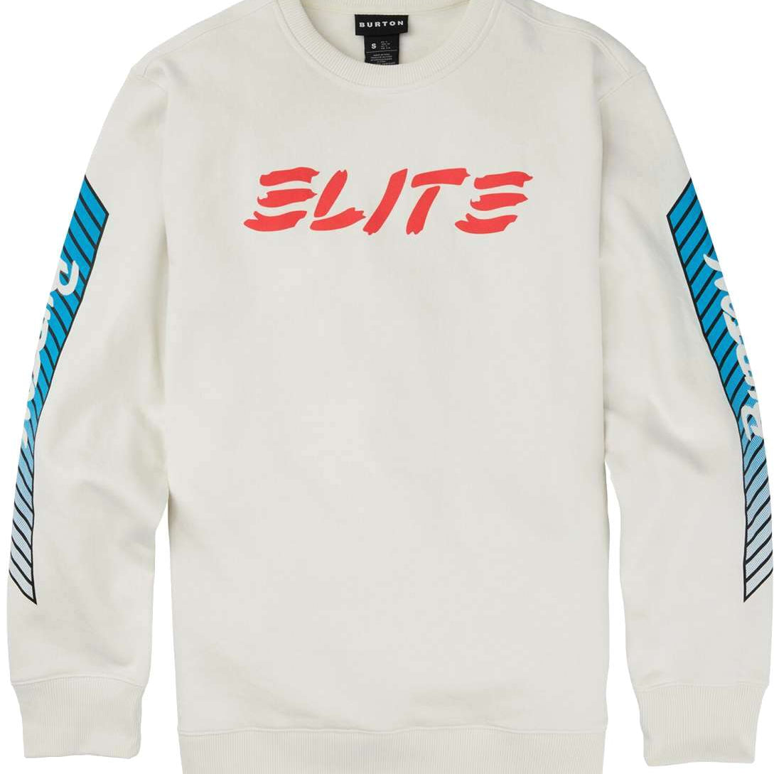 Burton 1987 Elite Crew FLC 2024 - A white crewneck sweatshirt with blue and black diagonal stripes on the sleeves.