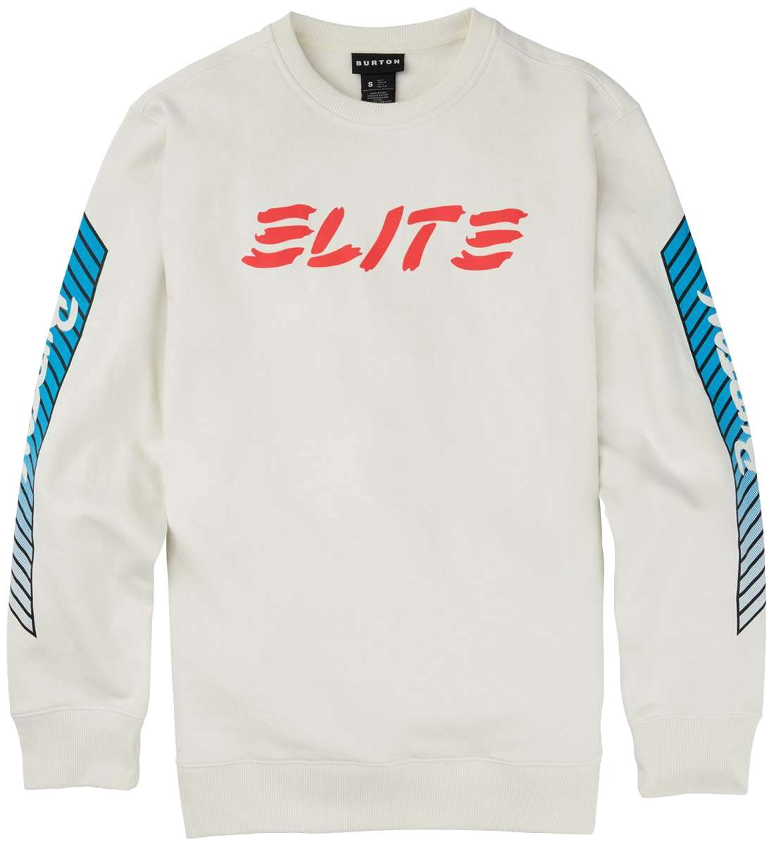 Burton 1987 Elite Crew FLC 2024 - A white crewneck sweatshirt with blue and black diagonal stripes on the sleeves.