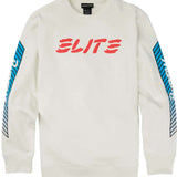 Burton 1987 Elite Crew FLC 2024 - A white crewneck sweatshirt with blue and black diagonal stripes on the sleeves.