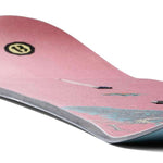 Burton 1995 Kelly Air 2024 - A pink snowboard with a black logo featuring a white "B" and a yellow circle around it.
