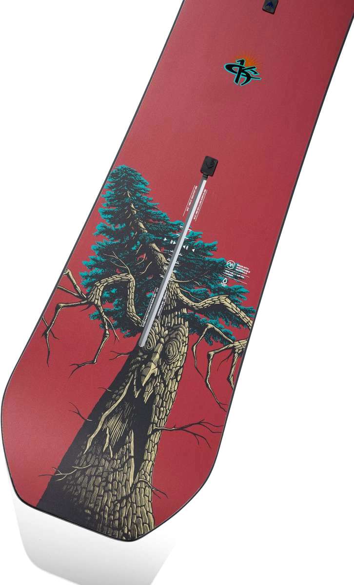 Burton - 1995 Kelly Air 2024 snowboard with a red background and an image of a tree on it.