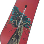 Burton - 1995 Kelly Air 2024 snowboard with a red background and an image of a tree on it.