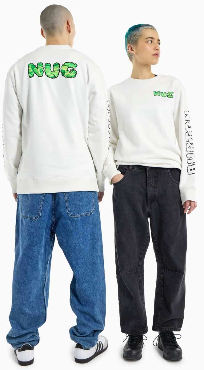 Burton 2011 Nug Crew 2024 - A white long-sleeve shirt with green and black lettering on the chest and back, featuring a crew neck and long sleeves.