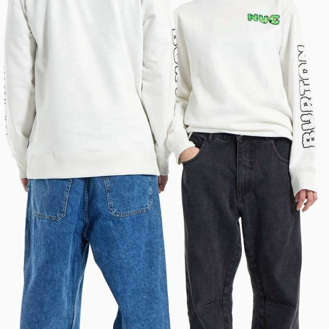 Burton 2011 Nug Crew 2024 - A white long-sleeve shirt with green and black lettering on the chest and back, featuring a crew neck and long sleeves.