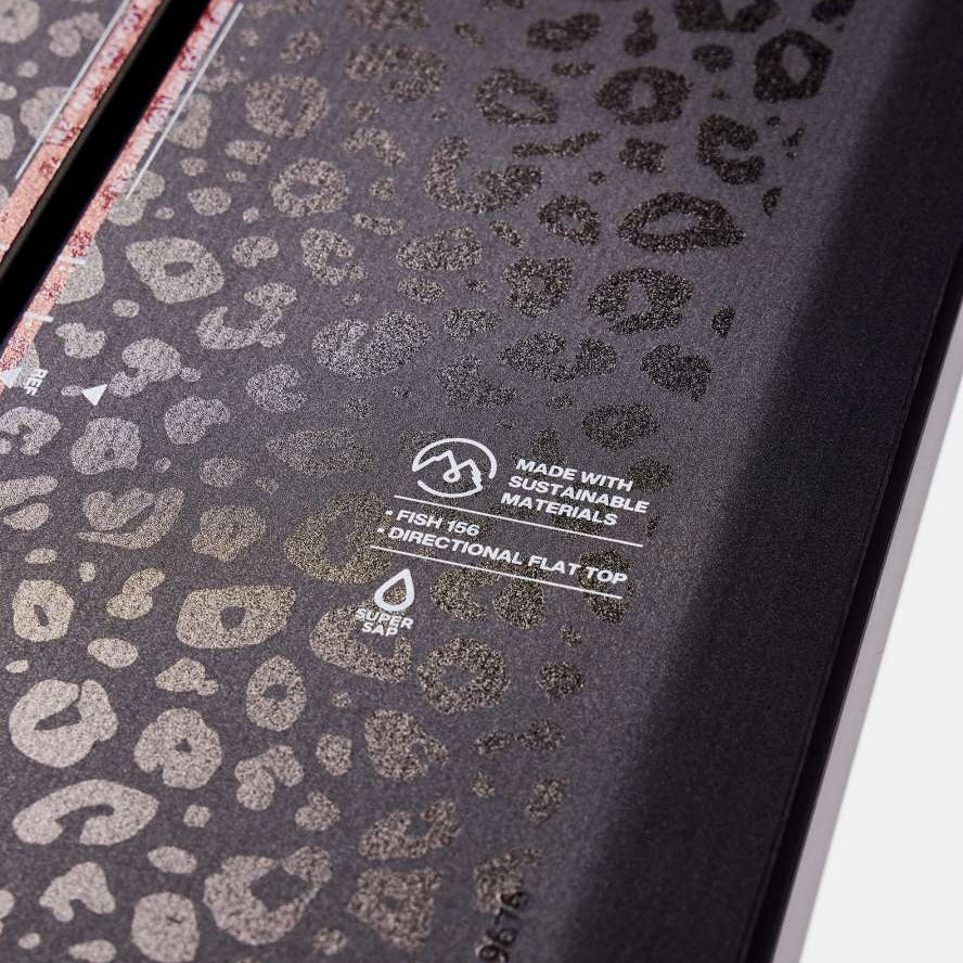 Burton Fish 3D Snowboard 2023 - A black snowboard with a leopard print design and red accents on the edges.