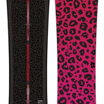 Burton Fish 3D Snowboard 2023 - A black snowboard with a red stripe down the middle and a leopard print design on top.
