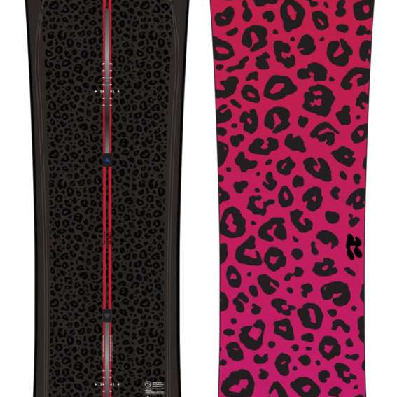Burton Fish 3D Snowboard 2023 - A black snowboard with a red stripe down the middle and a leopard print design on top.