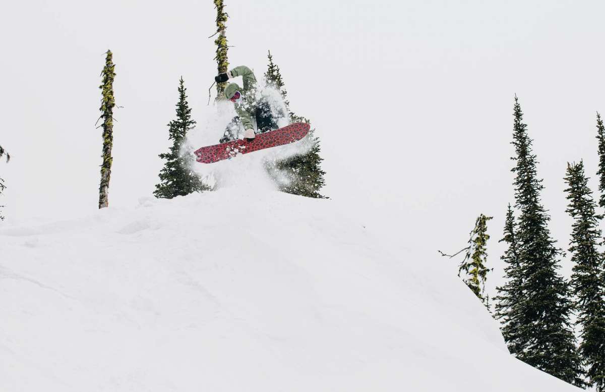 Burton Fish 3D Snowboard 2023 - A snowboard with a red base and blue fish design, viewed from above.