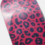 Burton Fish 3D Snowboard 2023 - A snowboard with a pink base and black leopard print design.