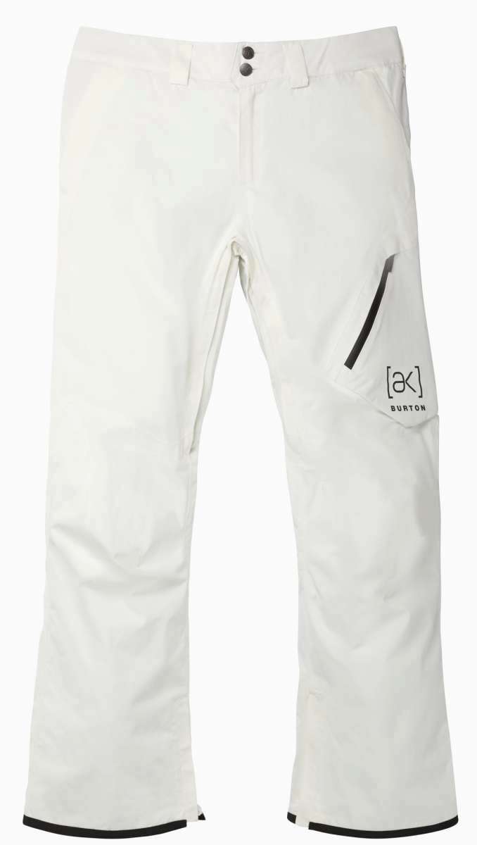 Burton AK GORE-TEX Cyclic Pant 2023 - White snow pants with a black stripe on the left leg, featuring a zippered pocket and adjustable cuffs.