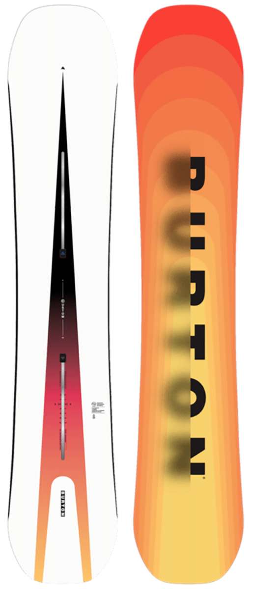 Burton Custom Camber Snowboard 2024 - A white snowboard with a black logo on top and a red stripe along the bottom edge.