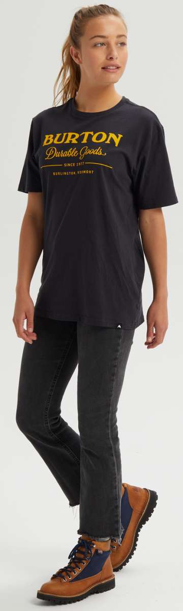 Burton Durable Goods Short Sleeve T-Shirt 2023 - A black t-shirt with yellow lettering and a white line under the word "Durable".