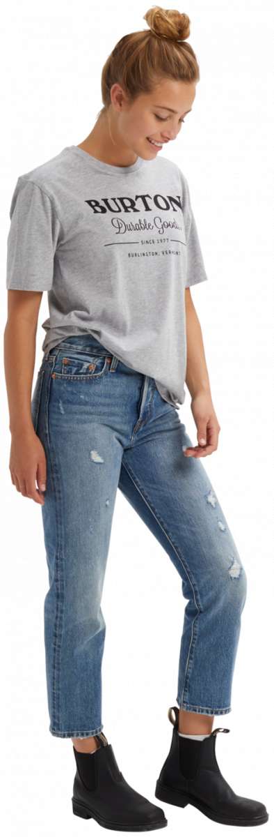 Burton Durable Goods Short Sleeve T-Shirt 2023 - A heathered gray t-shirt with "BURTON" in black across the chest and "DURABLE GOODS" in cursive below.