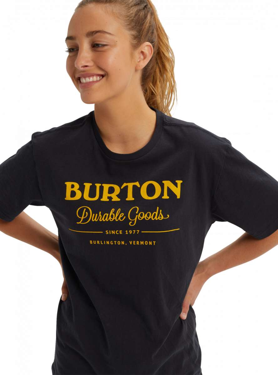 Burton Durable Goods Short Sleeve T-Shirt 2023 - A black t-shirt with yellow lettering and a white logo on the front.