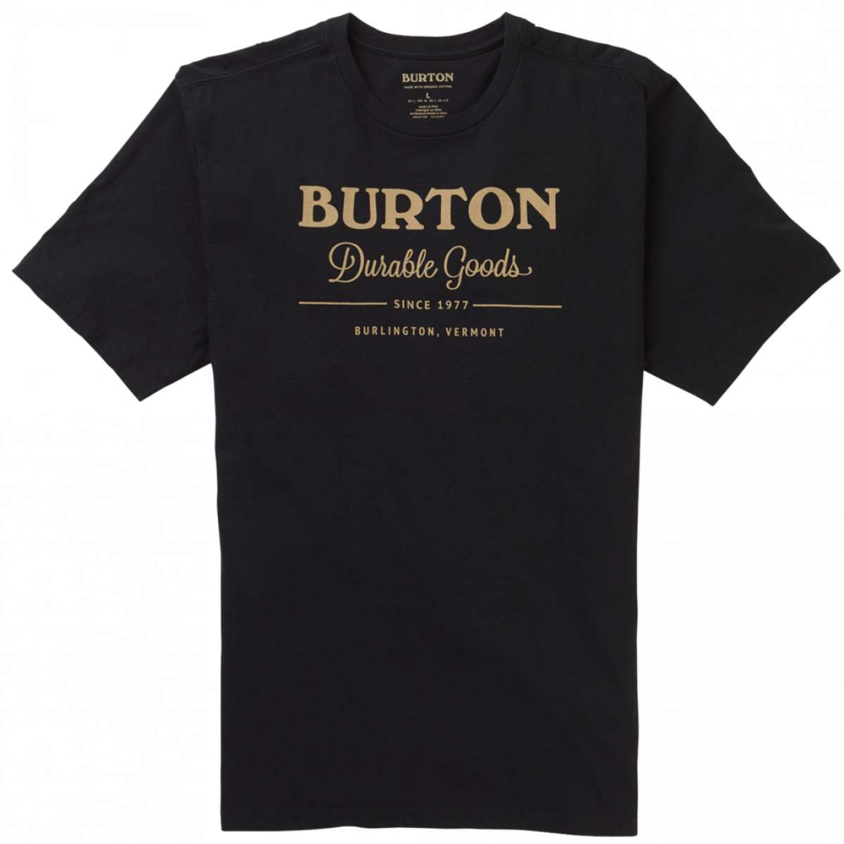 Burton Durable Goods Short Sleeve T-Shirt 2023 - A black t-shirt with "BURTON" in tan letters across the chest and "DURABLE GOODS" underneath in smaller script below.