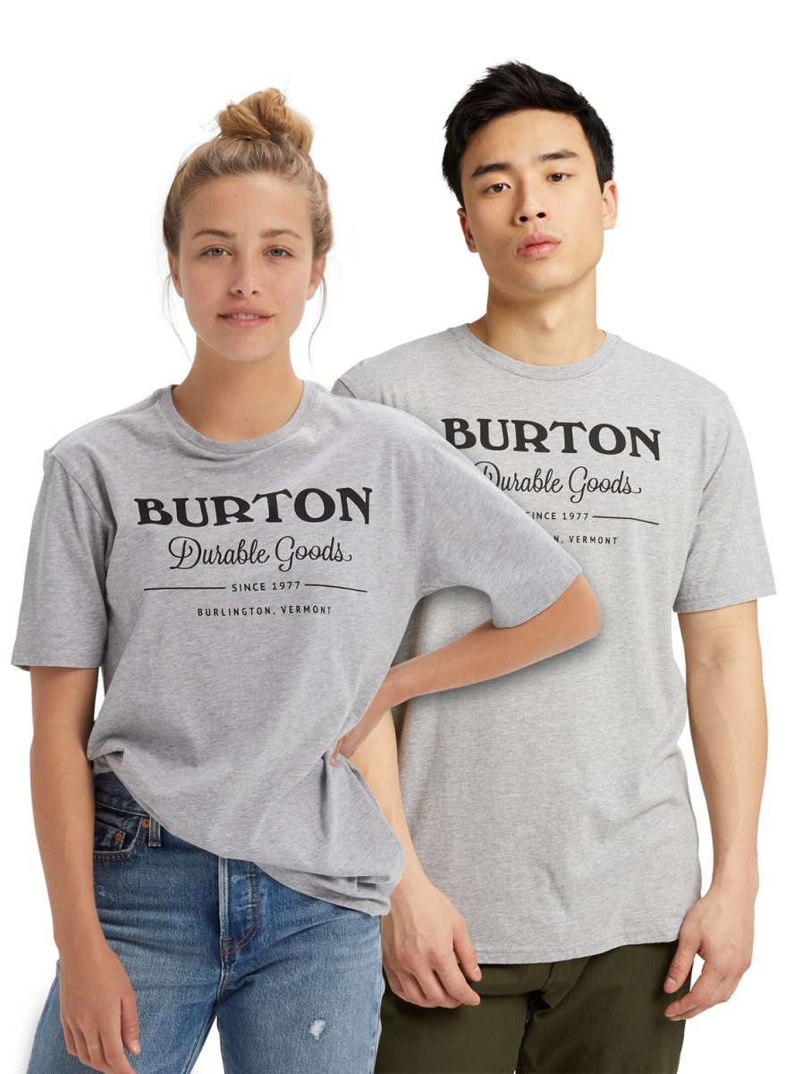 Burton Durable Goods Short Sleeve T-Shirt 2023 - A heathered gray t-shirt with "BURTON" in black across the chest and "Durable Goods" in cursive below.