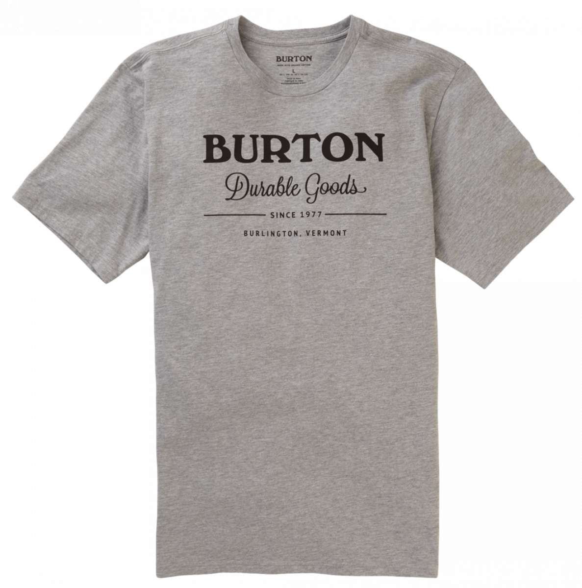 Burton Durable Goods Short Sleeve T-Shirt 2023 - A light gray t-shirt with "BURTON" in large black letters across the chest and "DURABLE GOODS" in smaller cursive below.