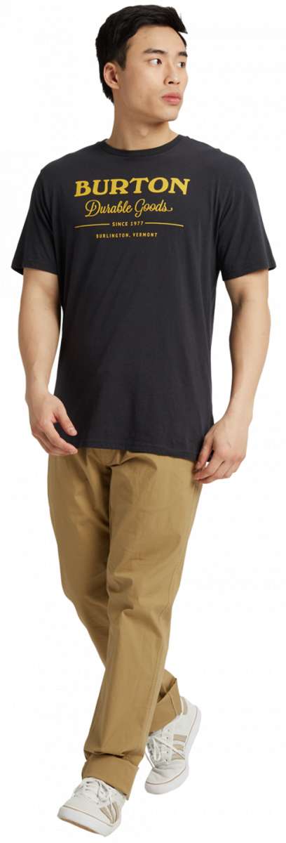 Burton Durable Goods Short Sleeve T-Shirt 2023 - A black t-shirt with yellow lettering and a white logo on the chest.