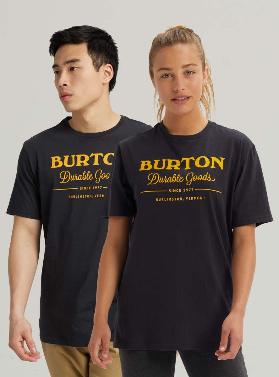 Burton Durable Goods Short Sleeve T-Shirt 2023 - A black t-shirt with yellow lettering and a white logo on the chest.